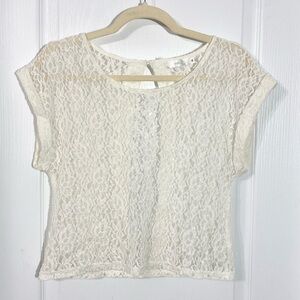 Millau Lace Peek A Boo Back Rolled Short Sleeve Crop Top Ivory Small